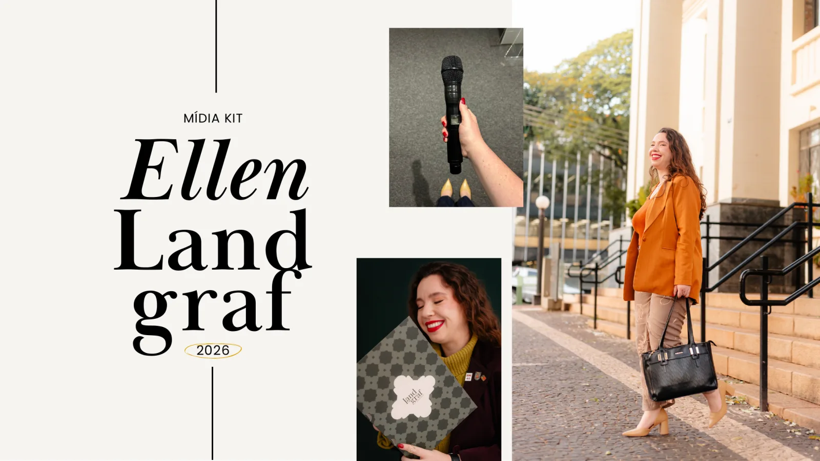 Capa do mídia kit 2026 de Ellen Landgraf, com fotos dela em um evento e segurando o material do escritório.